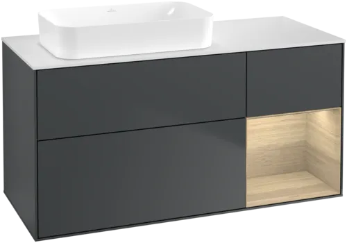 VILLEROY BOCH Toaletní skříňka Finion, s osvětlením, 3 výsuvy, 1200 x 603 x 501 mm, matný lak Midnight Blue / dubová dýha / matné bílé sklo #F691PCHG