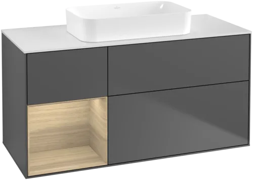 VILLEROY BOCH Toaletní skříňka Finion, s osvětlením, 3 výsuvy, 1200 x 603 x 501 mm, antracit matný lak / dubová dýha / sklo bílé matné #F701PCGK