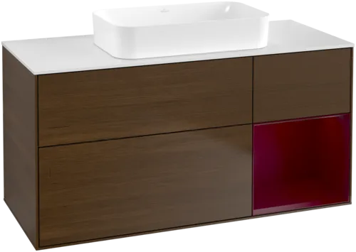 VILLEROY BOCH Toaletní skříňka Finion, s osvětlením, 3 výsuvy, 1200 x 603 x 501 mm, ořechová dýha / matný lak Pivoňka / matné bílé sklo #F711HBGN