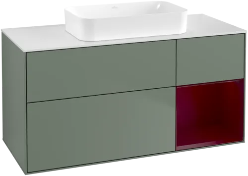 VILLEROY BOCH Toaletní skříňka Finion, s osvětlením, 3 výsuvy, 1200 x 603 x 501 mm, olivový matný lak / pivoňkový matný lak / bílé matné sklo #F711HBGM