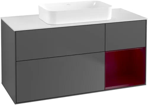 VILLEROY BOCH Toaletní skříňka Finion, s osvětlením, 3 výsuvy, 1200 x 603 x 501 mm, antracitový matný lak / pivoňkový matný lak / bílé matné sklo #F711HBGK