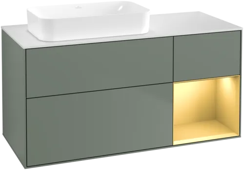 VILLEROY BOCH Toaletní skříňka Finion, s osvětlením, 3 výsuvy, 1200 x 603 x 501 mm, olivový matný lak / zlatý matný lak / bílé matné sklo #F691HFGM