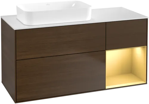 VILLEROY BOCH Toaletní skříňka Finion, s osvětlením, 3 výsuvy, 1200 x 603 x 501 mm, ořechová dýha / zlatý matný lak / sklo bílé matné #F691HFGN