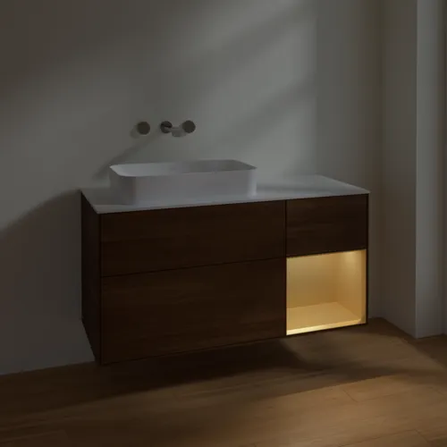 VILLEROY BOCH Toaletní skříňka Finion, s osvětlením, 3 výsuvy, 1200 x 603 x 501 mm, ořechová dýha / zlatý matný lak / sklo bílé matné #F691HFGN, obrázek 4
