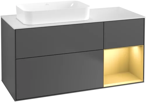 VILLEROY BOCH Toaletní skříňka Finion, s osvětlením, 3 výsuvy, 1200 x 603 x 501 mm, antracitový matný lak / zlatý matný lak / bílé matné sklo #F691HFGK
