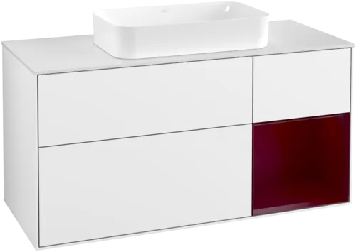 VILLEROY BOCH Toaletní skříňka Finion, s osvětlením, 3 výsuvy, 1200 x 603 x 501 mm, lesklý bílý lak / matný lak Pivoňka / matné bílé sklo #F711HBGF