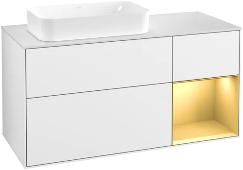 VILLEROY BOCH Toaletní skříňka Finion, s osvětlením, 3 výsuvy, 1200 x 603 x 501 mm, lesklý bílý lak / zlatý matný lak / bílé matné sklo #F691HFGF