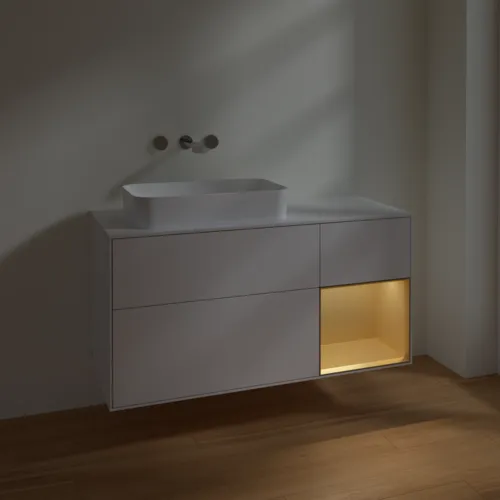 VILLEROY BOCH Toaletní skříňka Finion, s osvětlením, 3 výsuvy, 1200 x 603 x 501 mm, lesklý bílý lak / zlatý matný lak / bílé matné sklo #F691HFGF, obrázek 4