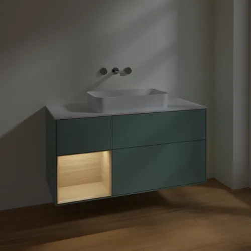 VILLEROY BOCH Toaletní skříňka Finion, s osvětlením, 3 výsuvy, 1200 x 603 x 501 mm, olivový matný lak / dubová dýha / sklo bílé matné #F701PCGM, obrázek 3