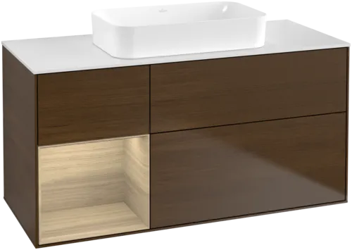VILLEROY BOCH Toaletní skříňka Finion, s osvětlením, 3 výsuvy, 1200 x 603 x 501 mm, ořechová dýha / dubová dýha / sklo bílé matné #F701PCGN