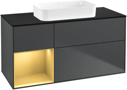 VILLEROY BOCH Toaletní skříňka Finion, s osvětlením, 3 výsuvy, 1200 x 603 x 501 mm, Midnight Blue Matt Lacquer / Gold Matt Lacquer / Glass Black Matt #F702HFHG