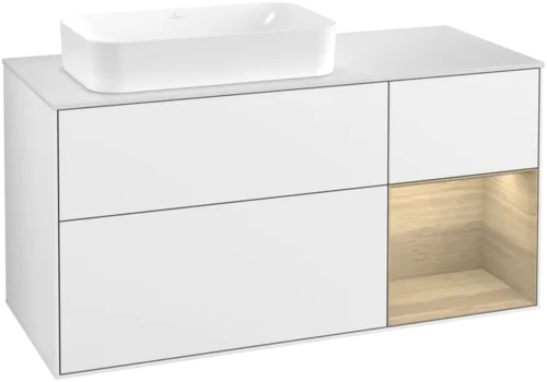 VILLEROY BOCH Toaletní skříňka Finion, s osvětlením, 3 výsuvy, 1200 x 603 x 501 mm, lesklý bílý lak / dubová dýha / sklo bílé matné #F691PCGF