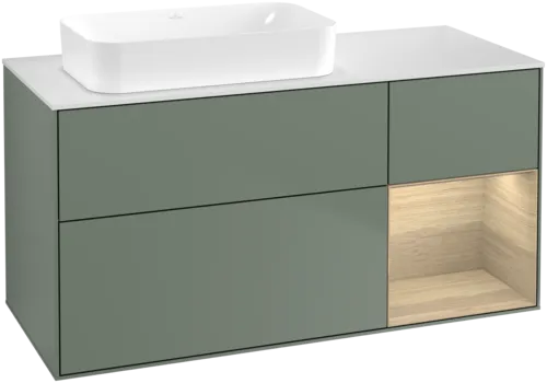 VILLEROY BOCH Toaletní skříňka Finion, s osvětlením, 3 výsuvy, 1200 x 603 x 501 mm, olivový matný lak / dubová dýha / sklo bílé matné #F691PCGM