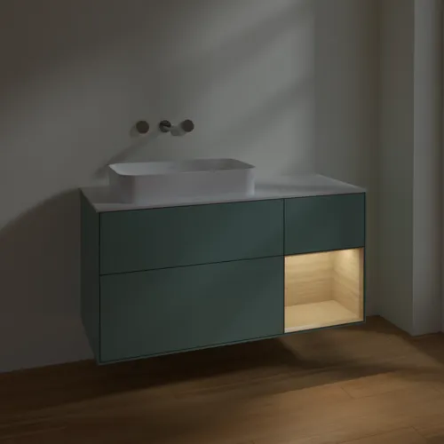 VILLEROY BOCH Toaletní skříňka Finion, s osvětlením, 3 výsuvy, 1200 x 603 x 501 mm, olivový matný lak / dubová dýha / sklo bílé matné #F691PCGM, obrázek 3