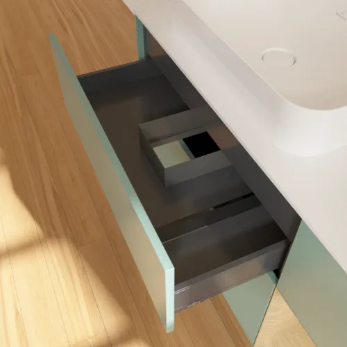VILLEROY BOCH Toaletní skříňka Finion, s osvětlením, 3 výsuvy, 1200 x 603 x 501 mm, olivový matný lak / dubová dýha / sklo bílé matné #F691PCGM, obrázek 5