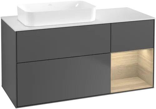 VILLEROY BOCH Toaletní skříňka Finion, s osvětlením, 3 výsuvy, 1200 x 603 x 501 mm, antracit matný lak / dubová dýha / sklo bílé matné #F691PCGK