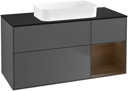VILLEROY BOCH Toaletní skříňka Finion, s osvětlením, 3 výsuvy, 1200 x 603 x 501 mm, antracitový matný lak / ořechová dýha / černé matné sklo #F712GNGK