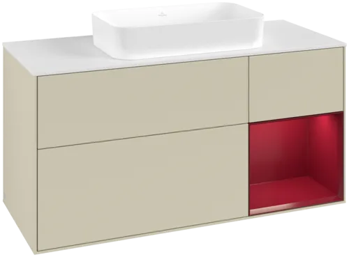 VILLEROY BOCH Toaletní skříňka Finion, s osvětlením, 3 výsuvy, 1200 x 603 x 501 mm, Silk Grey Matt Lacquer / Peony Matt Lacquer / Glass White Matt #F711HBHJ