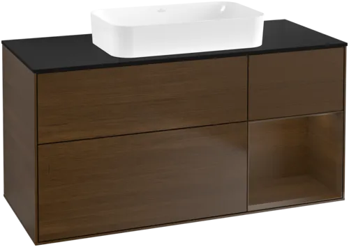 VILLEROY BOCH Toaletní skříňka Finion, s osvětlením, 3 výsuvy, 1200 x 603 x 501 mm, ořechová dýha / ořechová dýha / sklo černé matné #F712GNGN