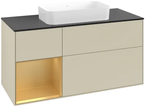 VILLEROY BOCH Toaletní skříňka Finion, s osvětlením, 3 výsuvy, 1200 x 603 x 501 mm, Silk Grey Matt Lacquer / Gold Matt Lacquer / Glass Black Matt #F702HFHJ