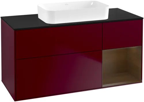 VILLEROY BOCH Toaletní skříňka Finion, s osvětlením, 3 výsuvy, 1200 x 603 x 501 mm, matný lak Peony / ořechová dýha / černé matné sklo #F712GNHB