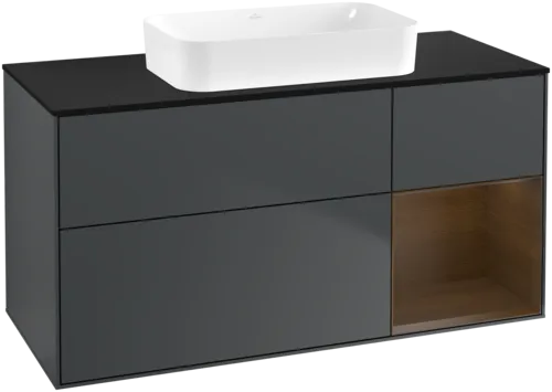VILLEROY BOCH Toaletní skříňka Finion, s osvětlením, 3 výsuvy, 1200 x 603 x 501 mm, půlnočně modrý matný lak / ořechová dýha / černé matné sklo #F712GNHG