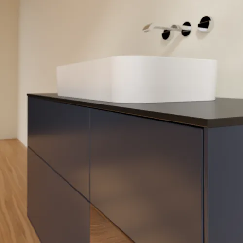 VILLEROY BOCH Toaletní skříňka Finion, s osvětlením, 3 výsuvy, 1200 x 603 x 501 mm, půlnočně modrý matný lak / ořechová dýha / černé matné sklo #F712GNHG, obrázek 5