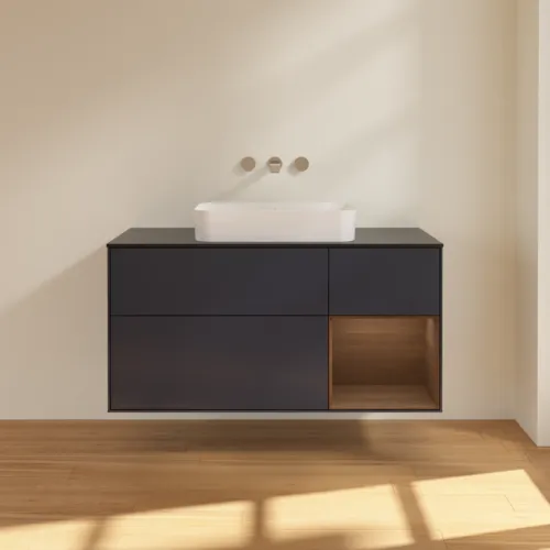 VILLEROY BOCH Toaletní skříňka Finion, s osvětlením, 3 výsuvy, 1200 x 603 x 501 mm, půlnočně modrý matný lak / ořechová dýha / černé matné sklo #F712GNHG, obrázek 2