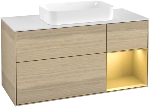 VILLEROY BOCH Toaletní skříňka Finion, s osvětlením, 3 výsuvy, 1200 x 603 x 501 mm, dubová dýha / zlatý matný lak / sklo bílé matné #F711HFPC