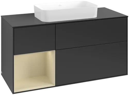 VILLEROY BOCH Toaletní skříňka Finion, s osvětlením, 3 výsuvy, 1200 x 603 x 501 mm, černý matný lak / hedvábně šedý matný lak / černé matné sklo #F702HJPD