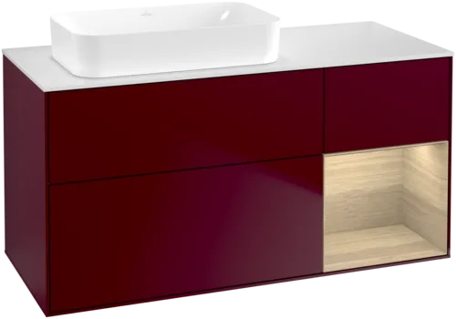 VILLEROY BOCH Toaletní skříňka Finion, s osvětlením, 3 výsuvy, 1200 x 603 x 501 mm, matný lak Peony / dubová dýha / bílé matné sklo #F691PCHB
