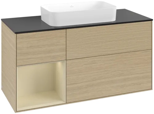 VILLEROY BOCH Toaletní skříňka Finion, s osvětlením, 3 výsuvy, 1200 x 603 x 501 mm, dubová dýha / hedvábně šedý matný lak / sklo černé matné #F702HJPC