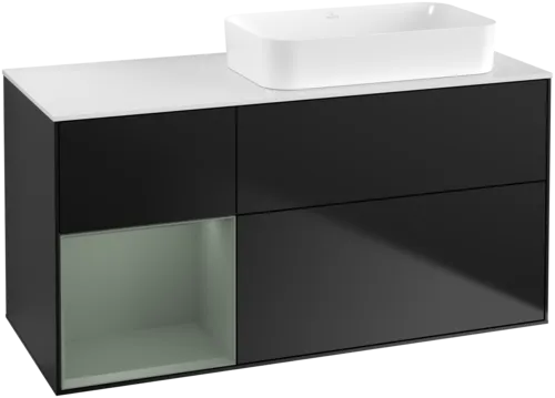 VILLEROY BOCH Toaletní skříňka Finion, s osvětlením, 3 výsuvy, 1200 x 603 x 501 mm, černý matný lak / olivový matný lak / bílé matné sklo #F681GMPD