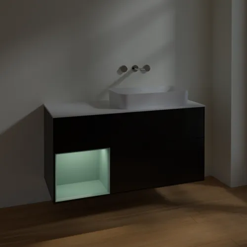 VILLEROY BOCH Toaletní skříňka Finion, s osvětlením, 3 výsuvy, 1200 x 603 x 501 mm, černý matný lak / olivový matný lak / bílé matné sklo #F681GMPD, obrázek 3