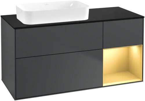 VILLEROY BOCH Toaletní skříňka Finion, s osvětlením, 3 výsuvy, 1200 x 603 x 501 mm, Midnight Blue Matt Lacquer / Gold Matt Lacquer / Glass Black Matt #F692HFHG