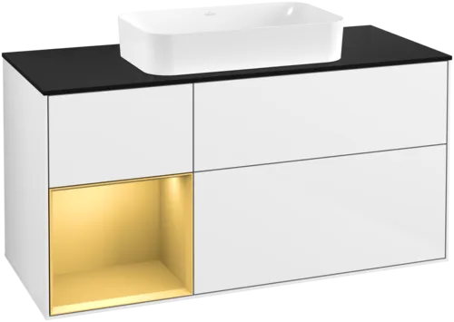 VILLEROY BOCH Toaletní skříňka Finion, s osvětlením, 3 výsuvy, 1200 x 603 x 501 mm, lesklý bílý lak / zlatý matný lak / černé matné sklo #F702HFGF