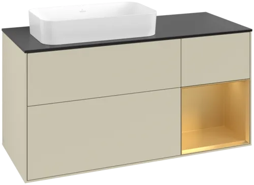VILLEROY BOCH Toaletní skříňka Finion, s osvětlením, 3 výsuvy, 1200 x 603 x 501 mm, Silk Grey Matt Lacquer / Gold Matt Lacquer / Glass Black Matt #F692HFHJ