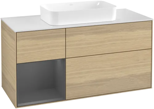 VILLEROY BOCH Toaletní skříňka Finion, s osvětlením, 3 výsuvy, 1200 x 603 x 501 mm, dubová dýha / antracitový matný lak / bílé matné sklo #F701GKPC