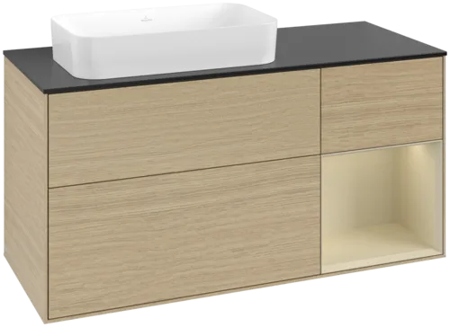 VILLEROY BOCH Toaletní skříňka Finion, s osvětlením, 3 výsuvy, 1200 x 603 x 501 mm, dubová dýha / hedvábně šedý matný lak / sklo černé matné #F692HJPC