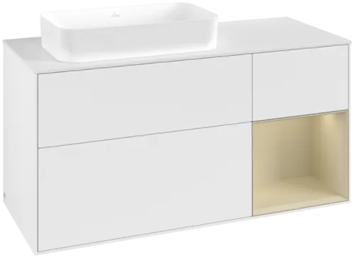 VILLEROY BOCH Toaletní skříňka Finion, s osvětlením, 3 výsuvy, 1200 x 603 x 501 mm, bílý matný lak / hedvábně šedý matný lak / bílé matné sklo #F691HJMT