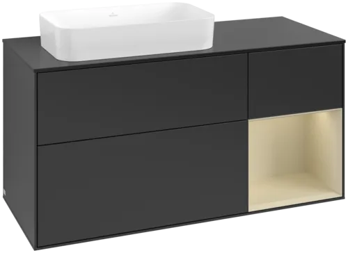 VILLEROY BOCH Toaletní skříňka Finion, s osvětlením, 3 výsuvy, 1200 x 603 x 501 mm, černý matný lak / hedvábně šedý matný lak / černé matné sklo #F692HJPD