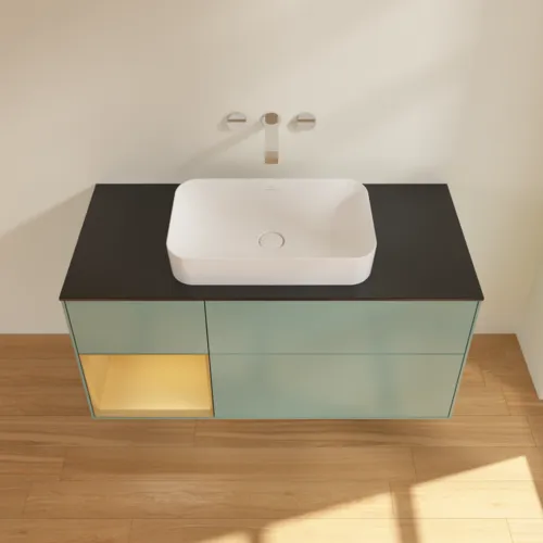 VILLEROY BOCH Toaletní skříňka Finion, s osvětlením, 3 výsuvy, 1200 x 603 x 501 mm, olivový matný lak / zlatý matný lak / černé matné sklo #F702HFGM, obrázek 3