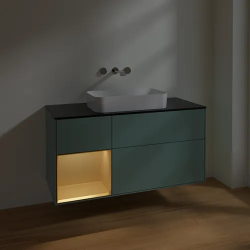 VILLEROY BOCH Toaletní skříňka Finion, s osvětlením, 3 výsuvy, 1200 x 603 x 501 mm, olivový matný lak / zlatý matný lak / černé matné sklo #F702HFGM, obrázek 4