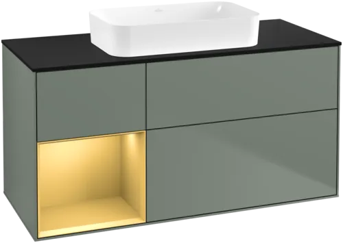 VILLEROY BOCH Toaletní skříňka Finion, s osvětlením, 3 výsuvy, 1200 x 603 x 501 mm, olivový matný lak / zlatý matný lak / černé matné sklo #F702HFGM