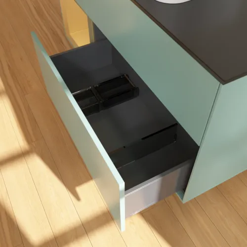 VILLEROY BOCH Toaletní skříňka Finion, s osvětlením, 3 výsuvy, 1200 x 603 x 501 mm, olivový matný lak / zlatý matný lak / černé matné sklo #F702HFGM, obrázek 5