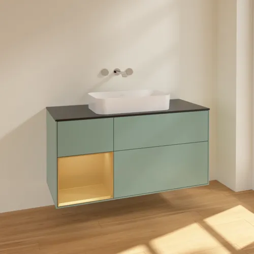 VILLEROY BOCH Toaletní skříňka Finion, s osvětlením, 3 výsuvy, 1200 x 603 x 501 mm, olivový matný lak / zlatý matný lak / černé matné sklo #F702HFGM, obrázek 2