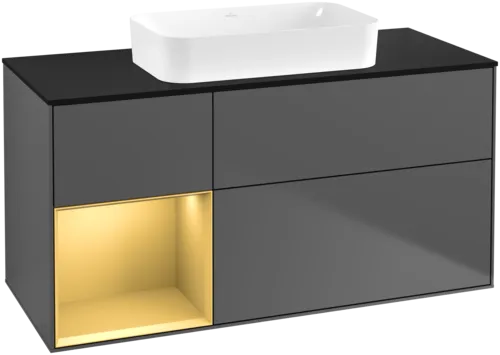 VILLEROY BOCH Toaletní skříňka Finion, s osvětlením, 3 výsuvy, 1200 x 603 x 501 mm, antracit matný lak / zlatý matný lak / černé matné sklo #F702HFGK