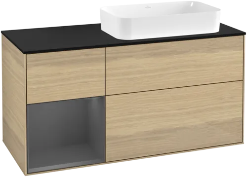VILLEROY BOCH Toaletní skříňka Finion, s osvětlením, 3 výsuvy, 1200 x 603 x 501 mm, dubová dýha / antracitový matný lak / černé matné sklo #F682GKPC