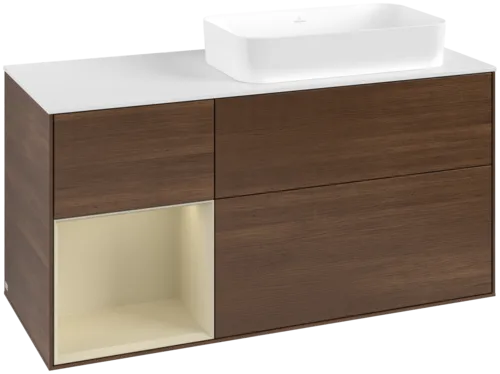 VILLEROY BOCH Toaletní skříňka Finion, s osvětlením, 3 výsuvy, 1200 x 603 x 501 mm, ořechová dýha / hedvábně šedý matný lak / sklo bílé matné #F681HJGN