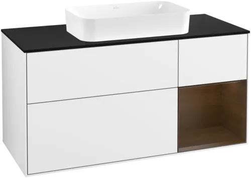 VILLEROY BOCH Toaletní skříňka Finion, s osvětlením, 3 výsuvy, 1200 x 603 x 501 mm, lesklý bílý lak / ořechová dýha / černé matné sklo #F712GNGF